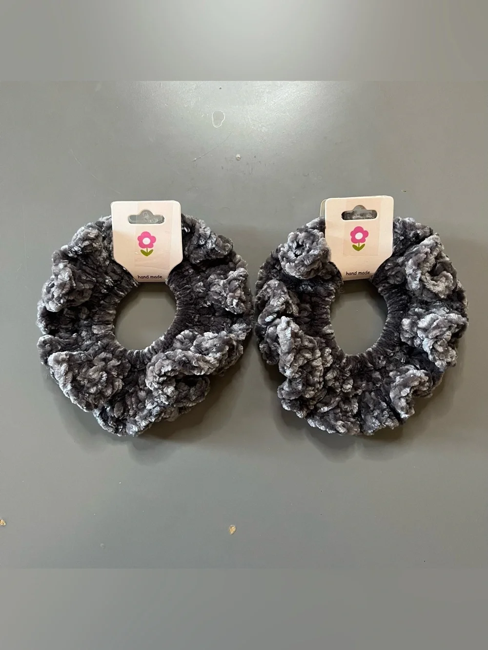 Set of 2 Gray Velvet Crochet Scrunchies Handmade NWT Chenille Hair Ties